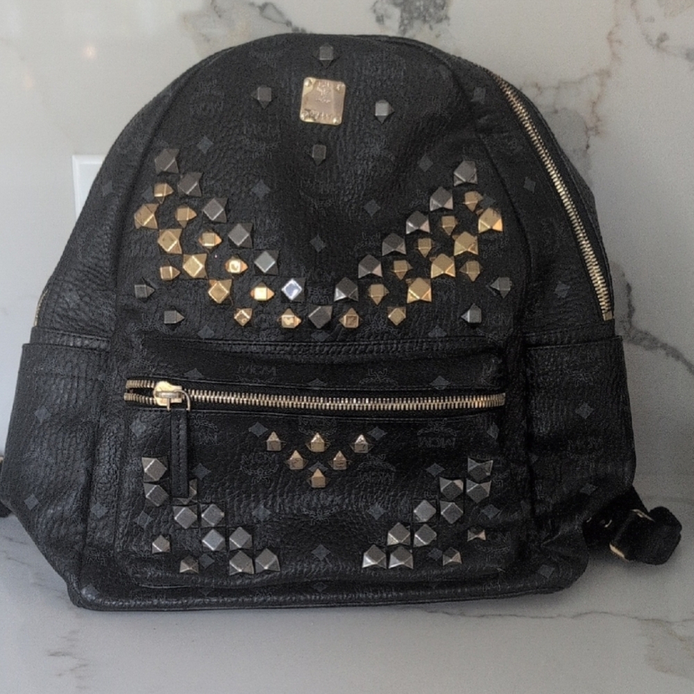 MCM Black Studded Stark Backpack Visetos Leather Med
